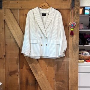 Eloquii White Pinstripe Double-Breasted Blazer with Gold Buttons